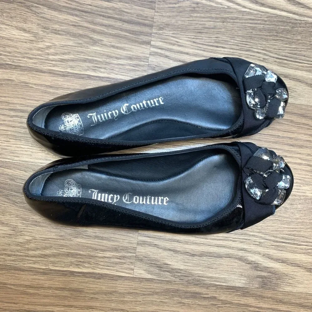 Juicy Couture ABBOTT‎ Black Patent Leather CRYSTAL JEWELED Flats Shoes 8.5 M